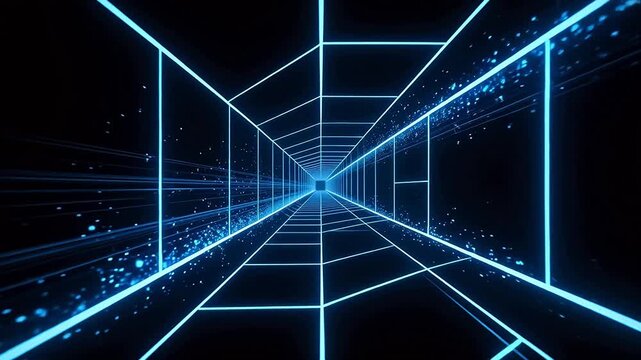 Blue neon grid tunnel perspective