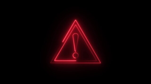 Neon warning sign progression three frames showing increasing brightness on black background video red triangle hazard symbol alert caution danger