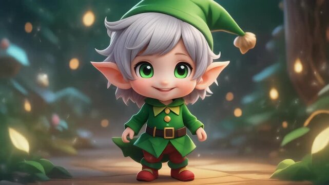 Charming elf character in a festive forest setting with soft bokeh lights during a magical winter evening