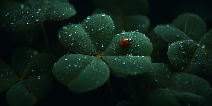 A tiny ladybug rests on a wet clover leaf, glistening with morning dew. The vibrant green of the leaf stands out against the dark background, creating a beautiful macro shot.