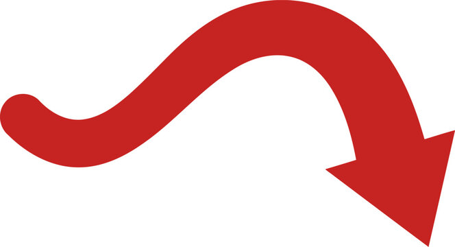 Red downward curved arrow icon isolated on white background