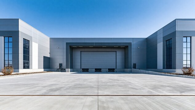 Modern corporate building exterior with large entrance and courtyard