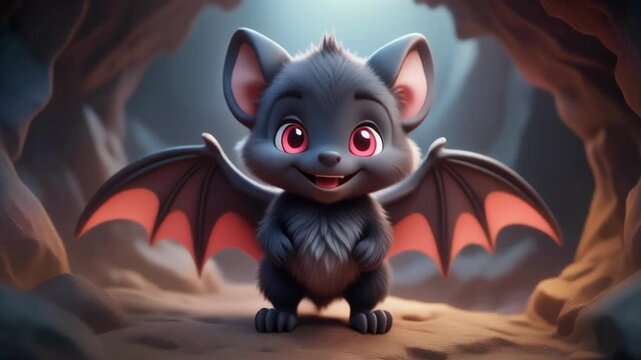 Cute cartoon bat character animated with subtle wing movements in a dark cave setting with soft ambient lighting