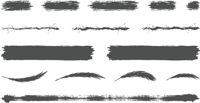 Set of various black ink brush strokes and textured lines for graphic design
