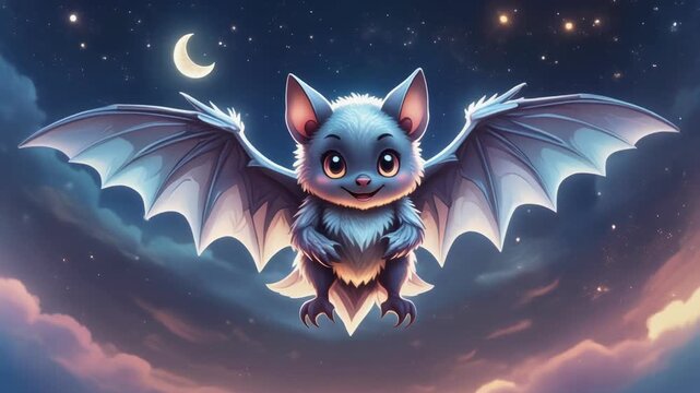 Cute cartoon bat flying in starry night sky with moon during dreamy cinematic motion
