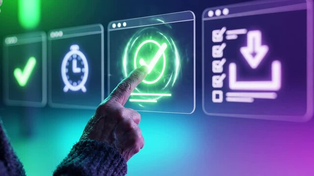 Finger touches a digital interface with glowing checkmark, clock and download icons. Interactive virtual screens for task management, verification and workflow automation in modern technology.