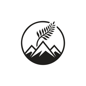 Mountain peak and fern leaf minimalist circle logo with mountain, minimalist