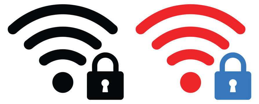Secure and insecure Wi-Fi network signal icons with lock symbols for wireless connection, internet security, privacy, authentication, and access control