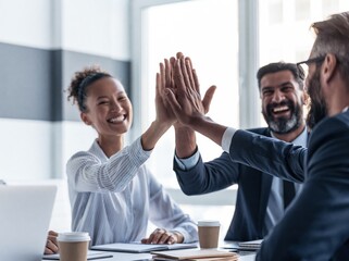 Fototapeta premium Business team high-fiving in office, celebrating success and teamwork