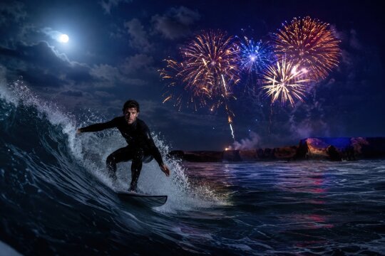 Silvestersurfer bei Nacht an Portugals Atlantikk&uuml;ste &ndash; Dynamische Aufnahme eines Surfers auf einer brechenden Welle im Mondlicht, w&auml;hrend buntes Feuerwerk den Himmel erleuchtet.