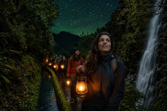Silvesterwanderung auf Madeira unter Sternenhimmel &ndash; Kleine Gruppe mit Laternen wandert entlang einer Levade durch &uuml;ppige Natur, begleitet von Wasserfall, Ruhe und magischer Nachtstimmung.