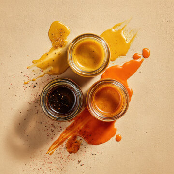 Three glass jars with mustard dark barbecue and spicy orange sauce splashed on beige textured background top view food styling