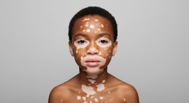 Studio portrait of calm Black child with vitiligo depigmentation patches on face and neck looking at camera on grey background