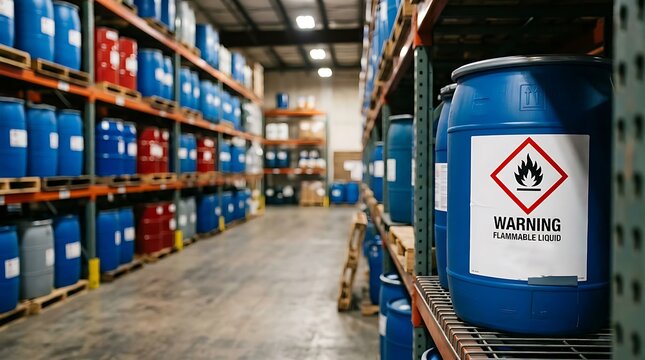 Industrial warehouse with blue barrels of hazardous chemicals on shelves.