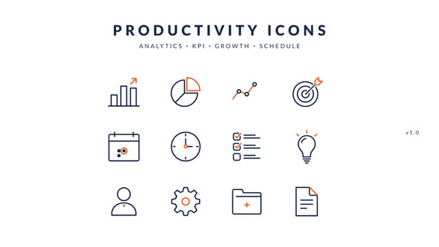 Productivity and analytics dashboard line art icons &ndash; Suitable for KPI tracking software, corporate target slides, or work schedule tools.
