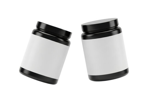 Two levitating black plastic supplement containers with blank white labels on an transparent background. Concept for product advertising mockup