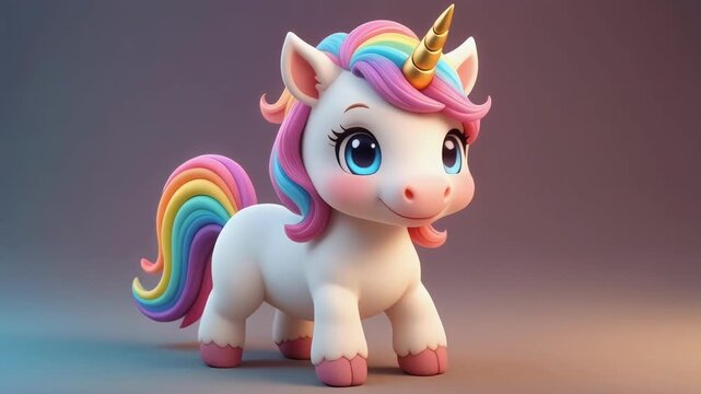 Cute cartoon unicorn toy with rainbow mane and tail on a soft gradient background