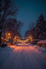 Naklejka premium Evening Street View in Snow With Lights and Trees During Winter Season