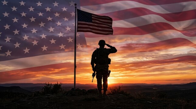 Soldier saluting american flag at sunset