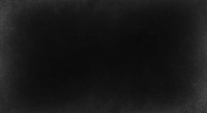 Black grunge background with white grainy vignette border, retro spray texture overlay backdrop for graphic design.