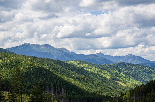 Scenic view of Carpathian mountain ridge under dramatic cloudy sky. Gorgany mountains
