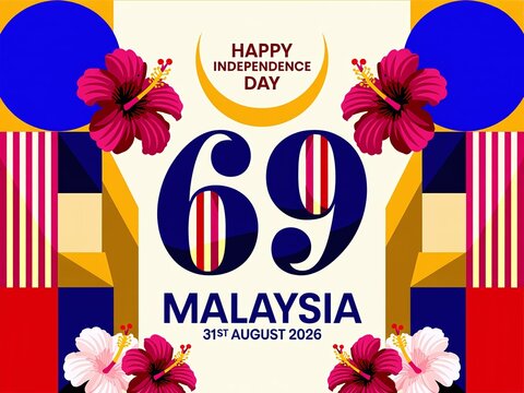 Happy Malaysia Independence Day 69th Anniversary Celebration Poster with Flowers