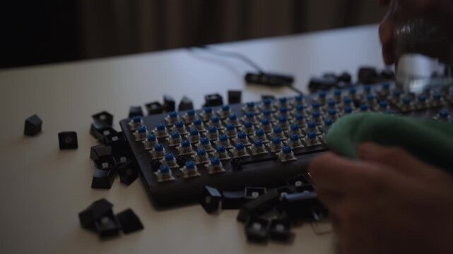 Close-up of hands cleaning dirty, disassembled mechanical keyboard using spray cleaner and microfiber cloth. Concept of detailed maintenance of computer hardware on desk. Shooting in slow motion