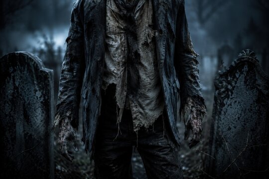 Creepy undead zombie standing between tombstones at night in a foggy old cemetery
