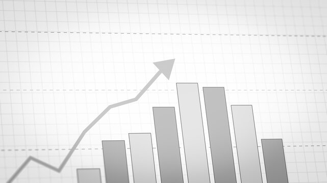 Business financial performance analysis report chart on white background, infographic bar graph with rising arrow, growing investment earnings dashboard, stock market statistics up trend illustration