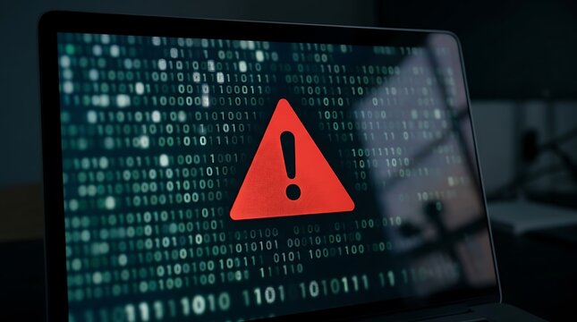 Red warning sign with an exclamation mark on a laptop screen displaying binary code representing a critical cyber security threat or system error