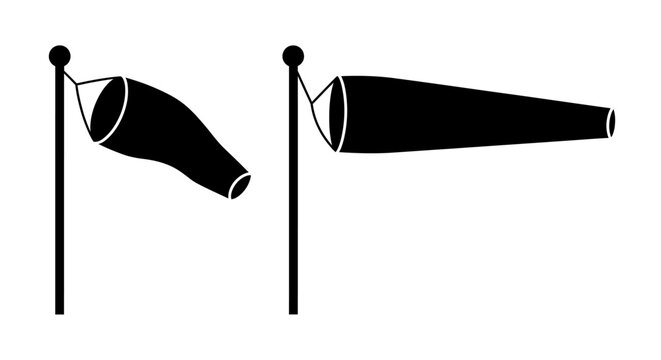 Two windsock indicators with poles black silhouette against a white background wind sock indicator weather aviation