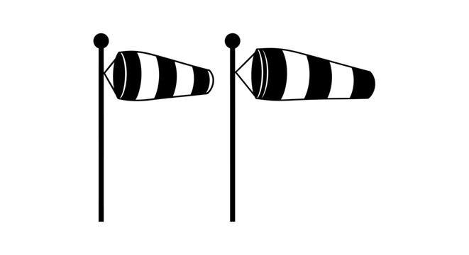 Two windsock indicators with striped fabric simple black silhouette wind sock indicator direction weather meteorology aviation