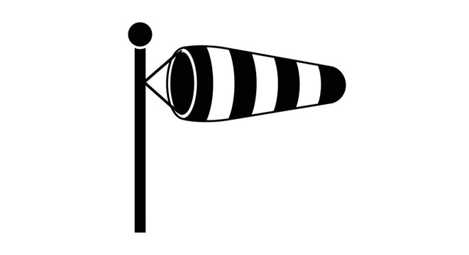 A striped windsock with a spherical top depicted as a black silhouette weather meteorology aviation
