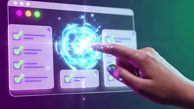 Finger touches a glowing digital interface to complete a checklist and confirm tasks. Interactive checkmarks and checkboxes represent quality approval, survey feedback, and successful verification.