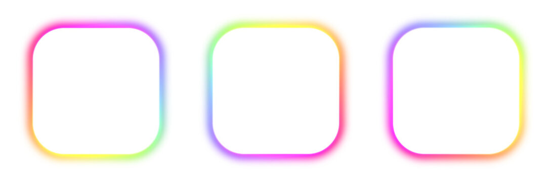 Abstract gradient neon square frame isolated on transparent, vibrant rainbow color LED sign for design, multicolored laser light spectrum set, empty futuristic glowing line collection illustration