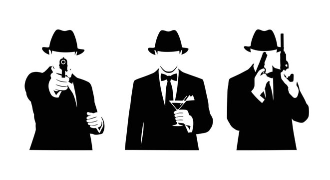 Three men in suits and hats holding weapons and a drink black silhouette man figure
