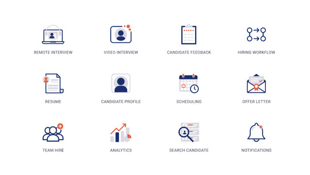 Coral and navy line icons for applicant feedback app &ndash; Great for talent sourcing software, interview preparation guides, or HR news.