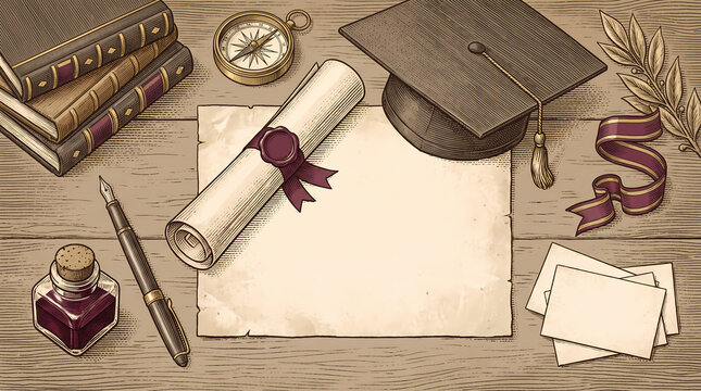 Vintage Engraved Graduation Desk With Diploma and Mortarboard