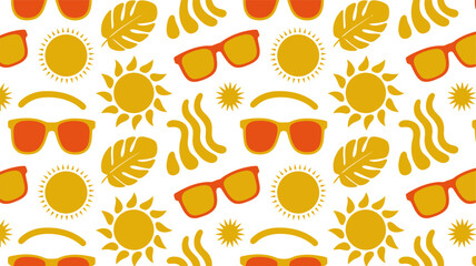 Seamless pattern with summer elements like sunglasses, suns, and tropical leaves © Vector World