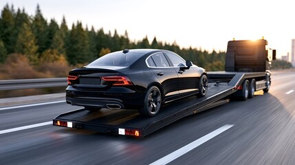 Naklejka premium Flatbed tow truck hauling a sleek black sedan on an open highway during sunset, symbolizing car delivery, transportation logistics, and road assistance services