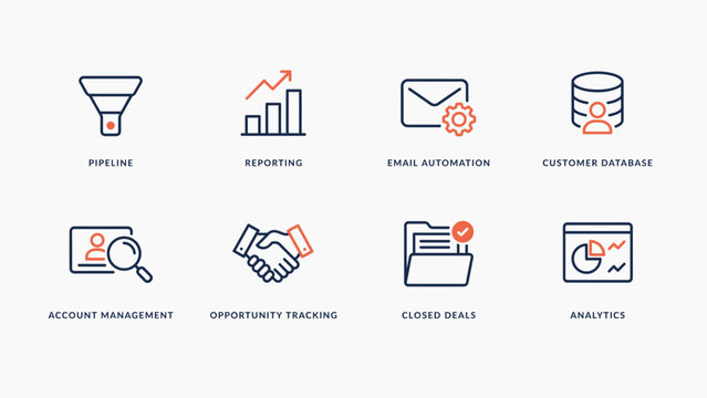 Modern opportunity tracking and deal pipeline line icons &ndash; Suitable for financial account management software, sales reports, or web graphics.