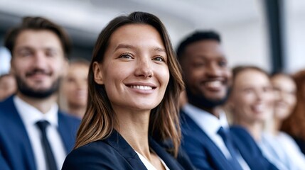 Fototapeta premium Smiling young businesswoman sitting in an audience, listening attentively during a corporate business conference, surrounded by diverse professional colleagues