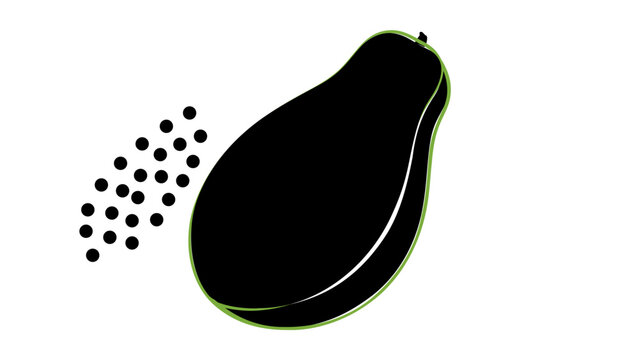Black papaya fruit silhouette with subtle green outline, minimalist vector icon on white background, tropical produce mark for healthy food packaging, market signage, menu graphics, and organic