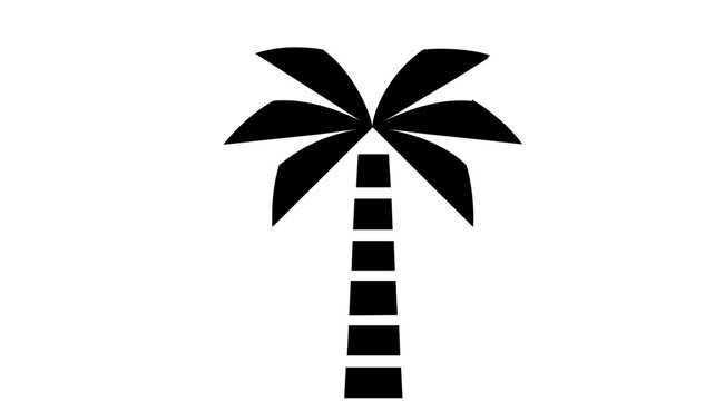 Minimalist black palm tree vector icon with bold tropical fronds and striped trunk, clean beach vacation illustration on white background for summer travel, island resort, coastal logo and seaside