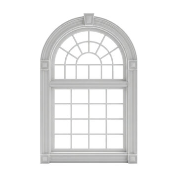 A classic white arched window frame isolated against a clean white background