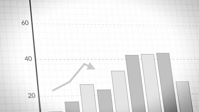 Business financial performance analysis report chart on white background, closeup rising arrow on infographic bar graph, growing investment earnings dashboard, money market statistics up trend sheet