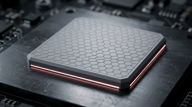 Macro photograph of a futuristic computer processor with a hexagonal texture and red underglow