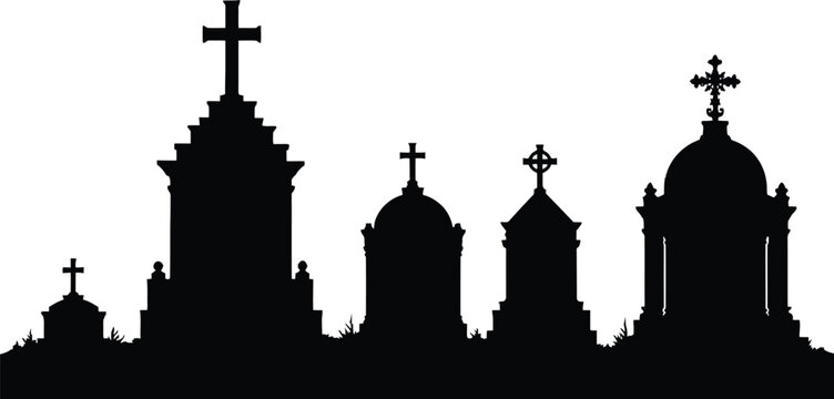 Gravestone Silhouette Collection On White Background cemetery