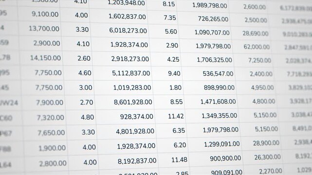 Closeup financial income table and accounting document, business sale revenue data analysis spreadsheet, trading company investment profit statistic report, corporate stock market cost statement sheet