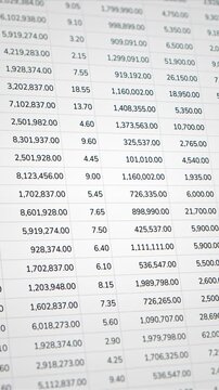 Closeup financial income table and accounting document loop, business sale revenue data analysis spreadsheet, trading company investment profit statistic report, corporate stock market cost sheet